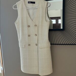 Zara Cream Tweed Double-Breasted Sleeveless Mini Dress